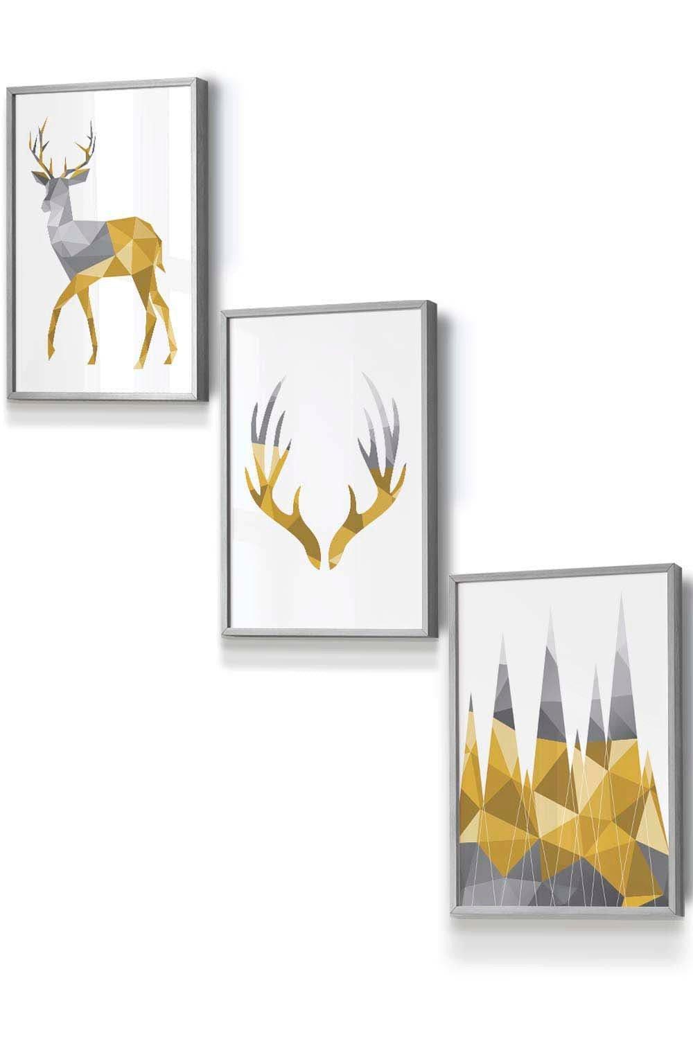 Geometric Yellow Grey Stags Set Framed Wall Art - Small